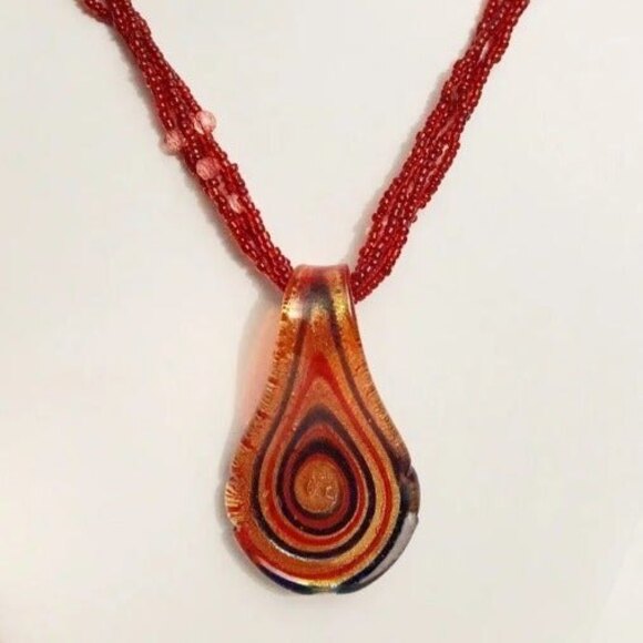Glass Teardrop Pendant Red Beaded Necklace - Picture 1 of 8
